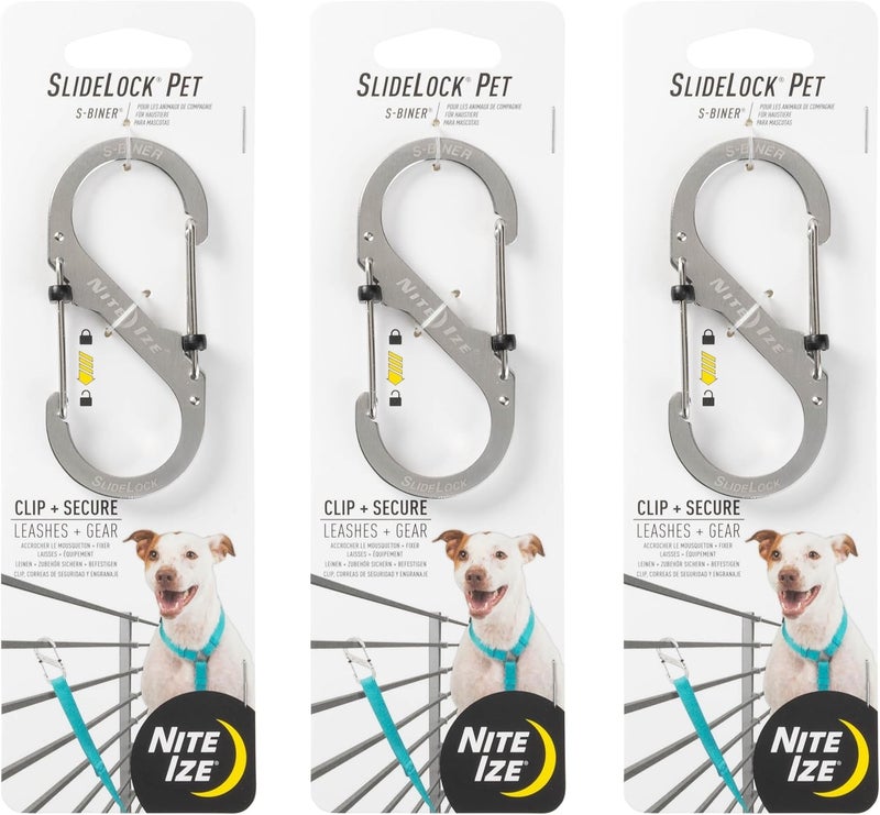 NiteIze SlideLock Pet S-Biner - Stainless Steel Dual Carabiner for Securing Pets & Clipping Leashes - Lightweight Carabiner for Easily Attaching - S-Biner with Slide-to-Lock Feature - 3 Pack - Image 1
